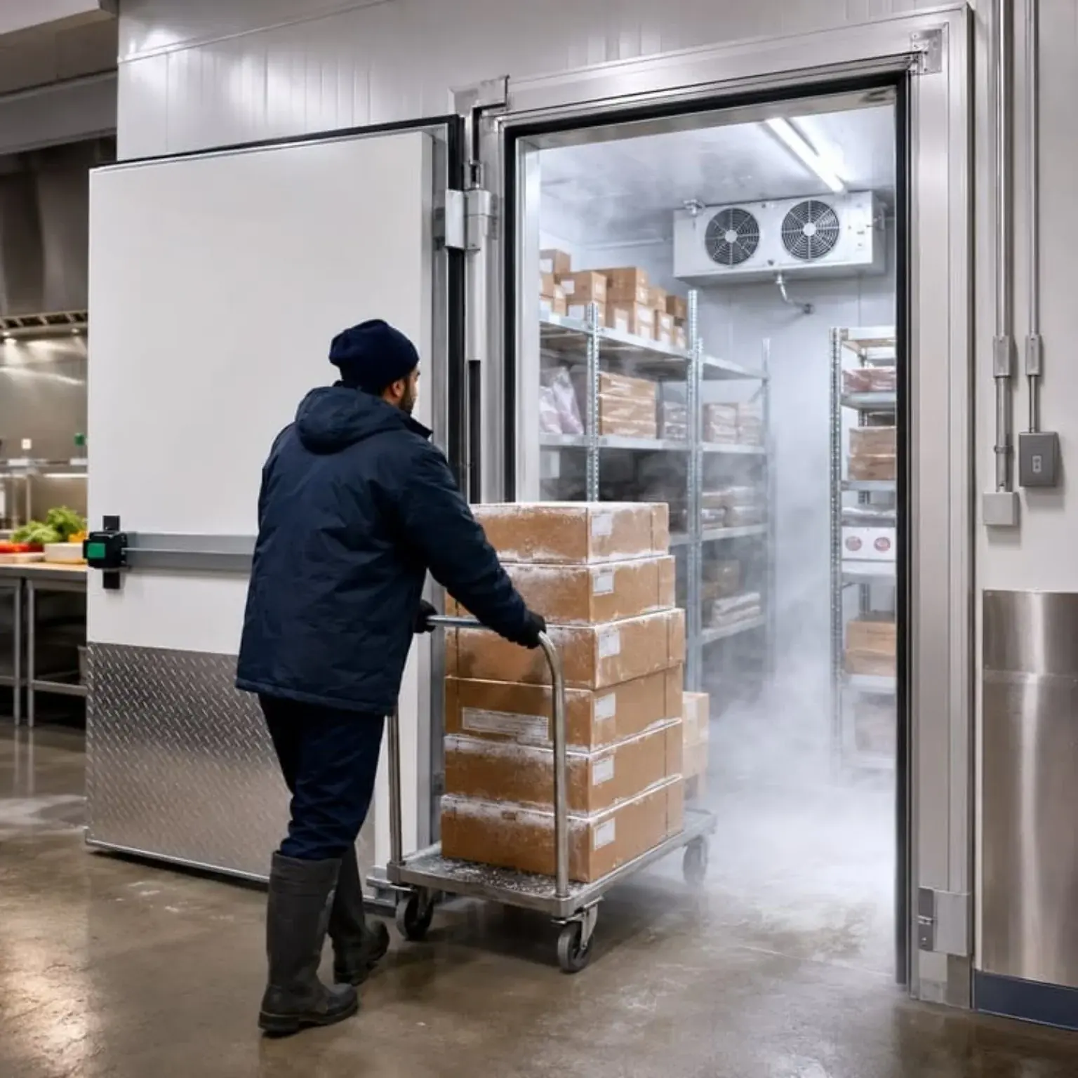Commercial refrigerated storage with an insulated cold room door
